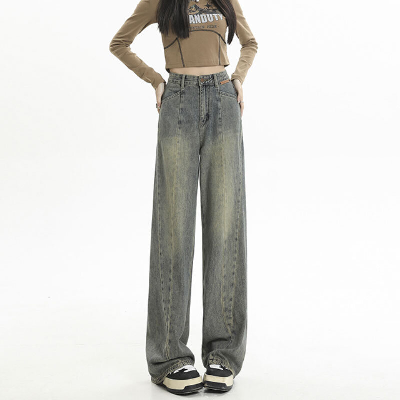 Jeans da donna Vintage Wash Y2K abbigliamento a vita alta comodi pantaloni larghi in Denim a gamba dritta