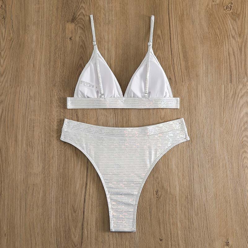 Nowy seksowny srebrny stringi z wysokim stanem dwuczęściowy strój kąpielowy kobiety strój kąpielowy strój plażowy kostiumy kąpielowe brazylijskie Bikini zestaw 2024
