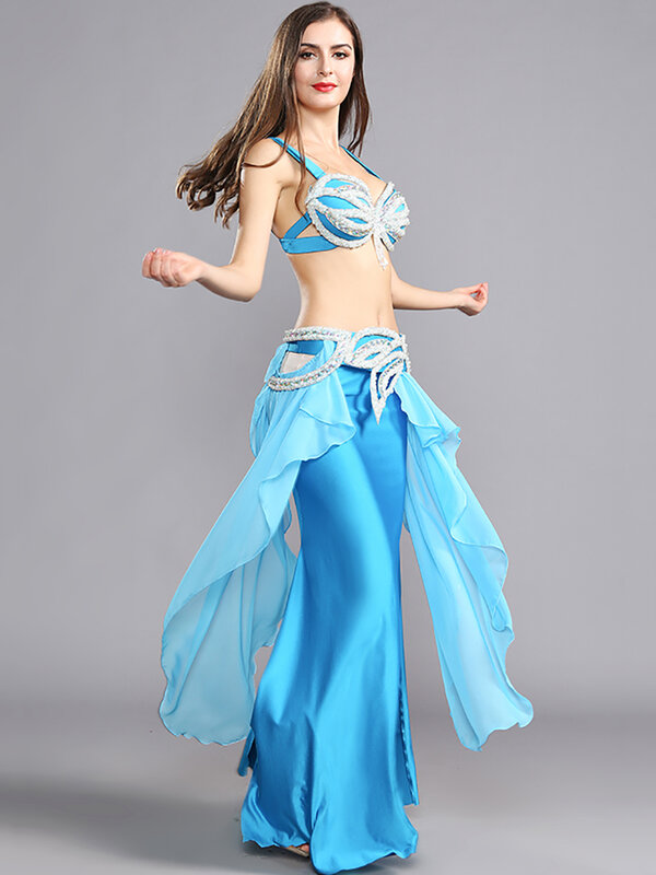 Женский костюм для танца живота, классический танцевальный костюм из сетчатой ткани со стразами