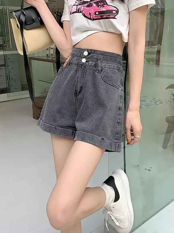Celana pendek Denim wanita, celana pendek Denim gaya akademi Korea kasual kaki lebar musim panas pinggang tinggi kancing longgar baru