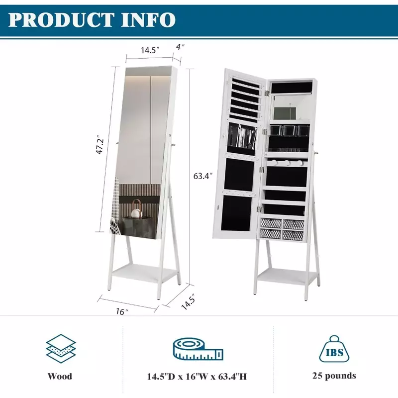 Jewelry Cabinet Armoire, Lockable Jewelry Organizer with Full-Length Mirror, Makeup Organizer with Built-in LED Makeup Mirror