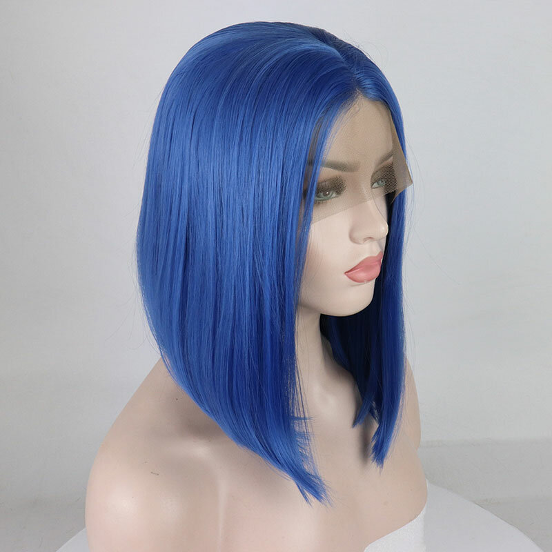 Sky Blue Bob lurus pendek sintetis 13X4 renda depan wig tanpa lem tahan panas serat rambut belahan Tengah untuk Fashion wanita