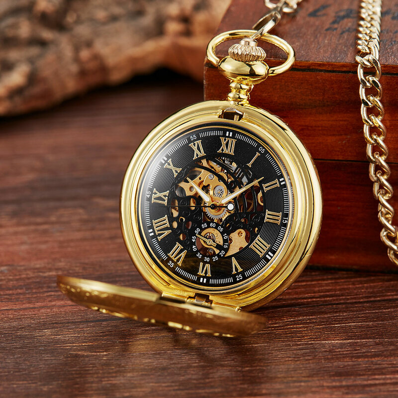Vintage Silver Mechanical Hand Wind Pocket Watches Blue Roman Numeral Dial Mechanical Flip Watch Men Clock With Fob Chain