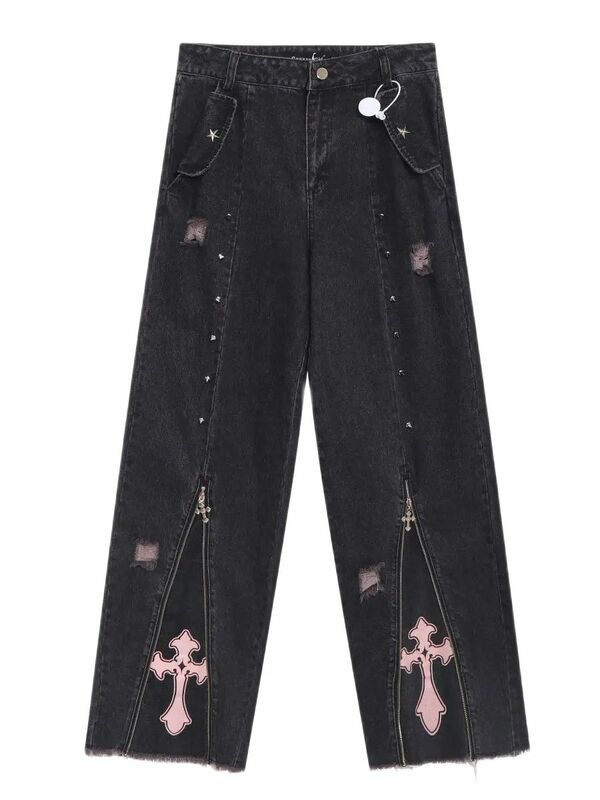 Damen bekleidung schwarze Gothic Jeans 90er Jahre ästhetische y2k übergroße Jeans hose Vintage Harajuku koreanische Emo 1920er Jahre Jeans hose