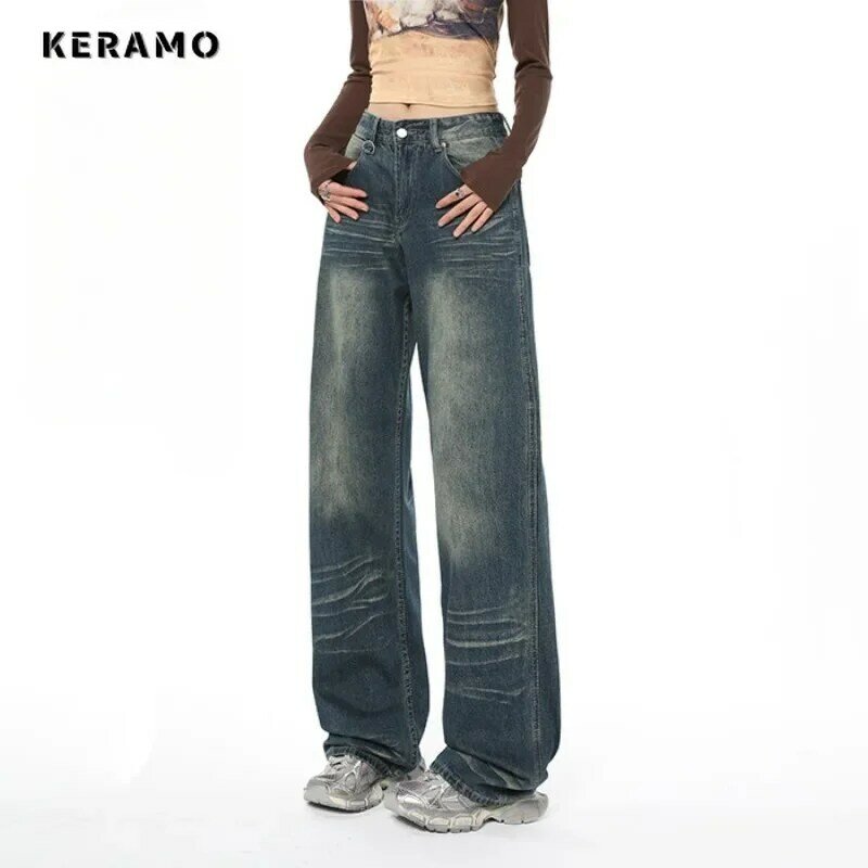 Jeans dritti blu stile High Street Vintage a gamba larga da donna pantaloni Casual a vita alta pantaloni larghi in Denim Y2K di moda coreana