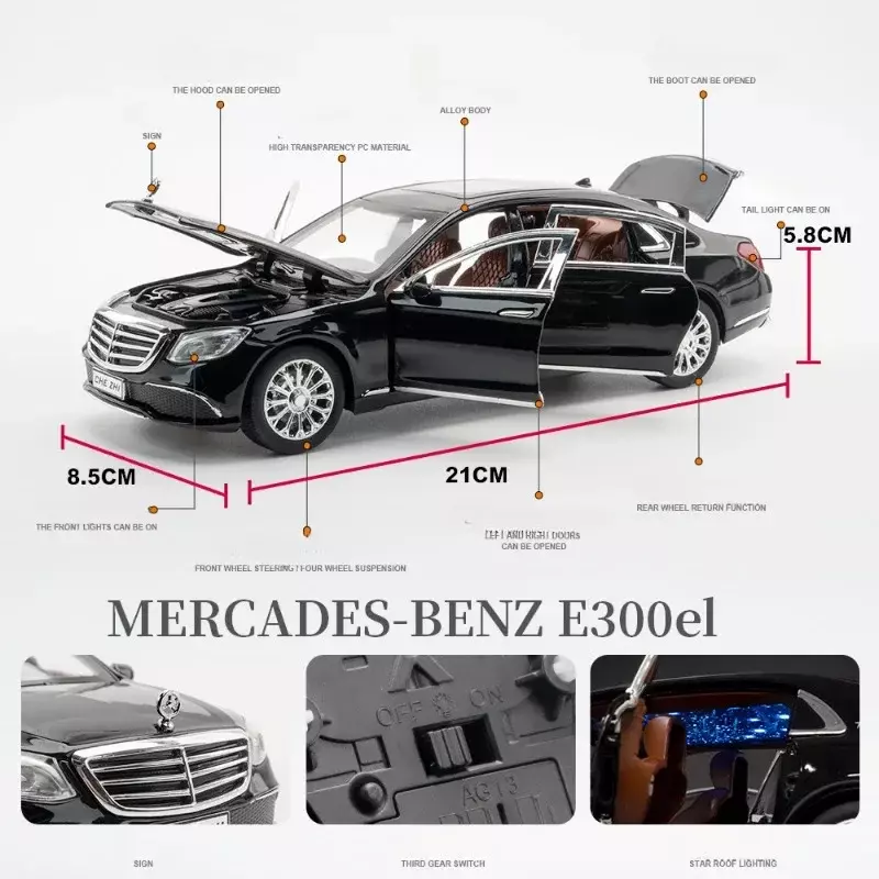 Mercedes-benz E300eL, modelo de coche en miniatura, sonido y luz, Voiture, juguetes fundidos a presión, vehículos para niños, regalo de coche para niños, 1:24