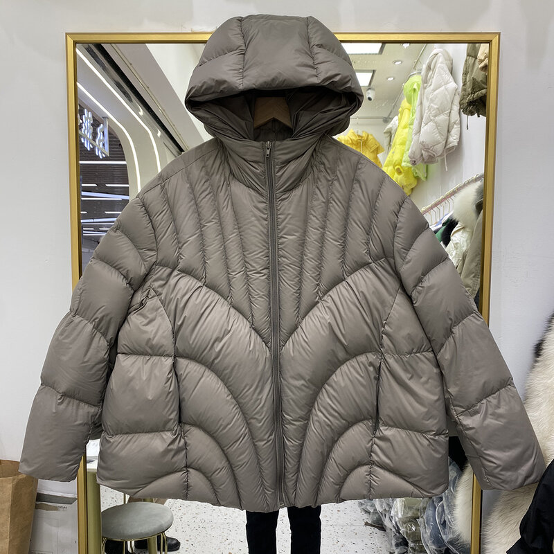 Новинка, повседневное свободное однотонное пальто на утином пуху, женский зимний короткий пуховик с капюшоном и длинным рукавом, легкая куртка