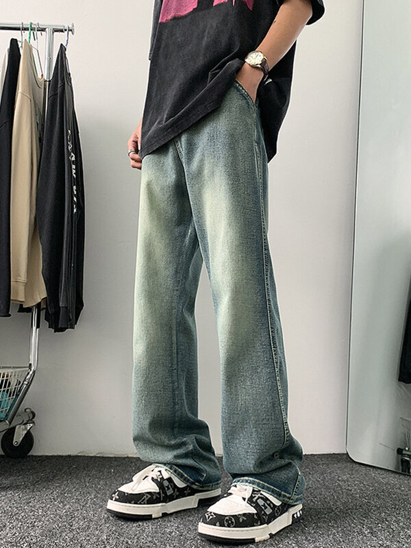 2024 New Summer Men's Flare Jeans Korean Fashion High Street Retro Blue Wide Leg Casual Denim Pants Straight Baggy Jean Trousers