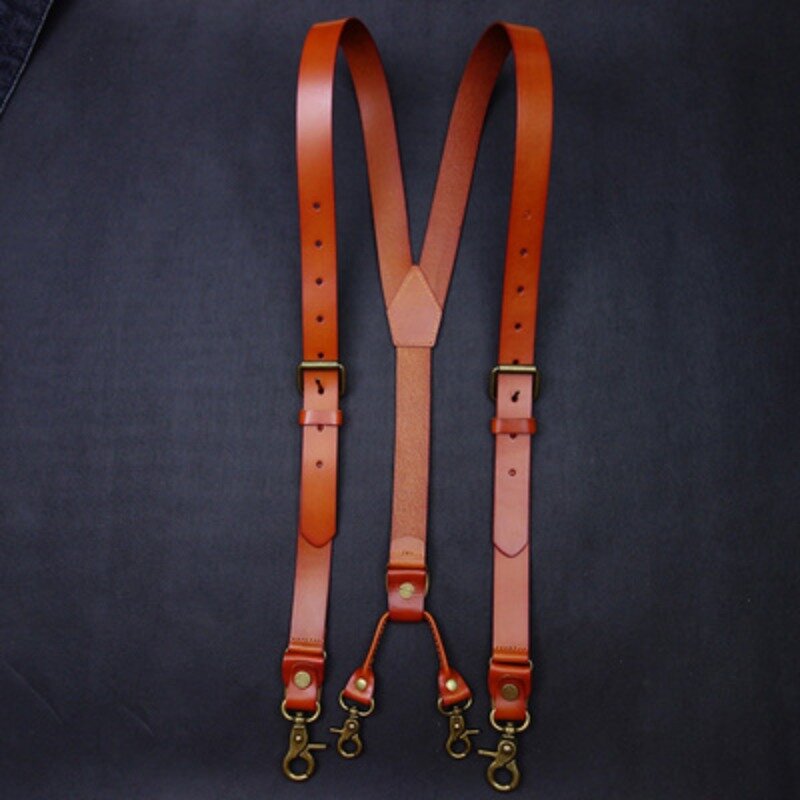 2.4*145CM Vintage Leather Men's Suspenders 4-Hook Y-Back Suspenders For Men's Pants Braces Man Women Men's Slip Suspender