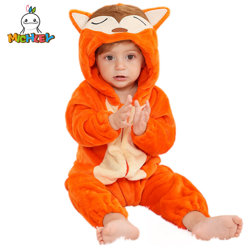 MICHLEY Halloween Cute Cartoon flanelowa śpioszki dla niemowląt ścieg lisa bawełniana piżama chłopiec dziewczynka kostium zwierzęcy zwierzęta kombinezon niemowlę