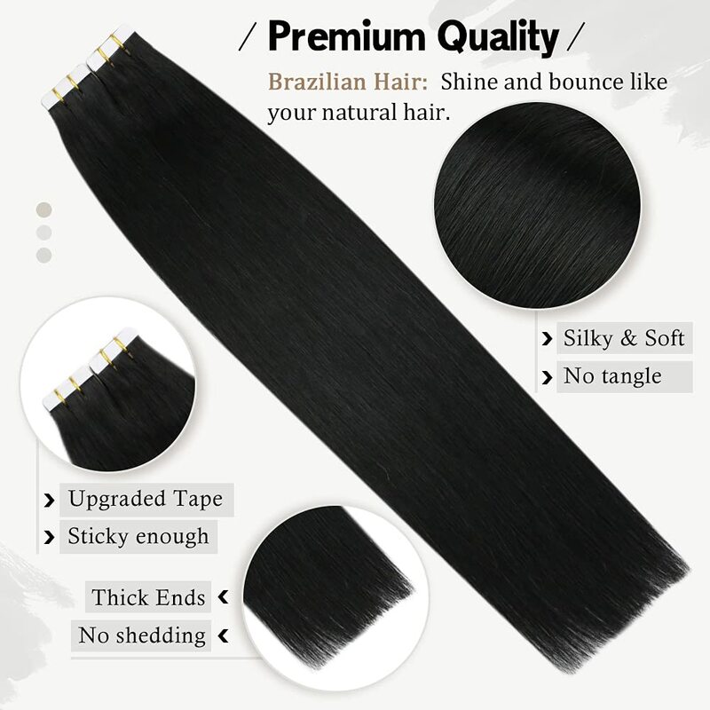 Tape-in-Extensions de Cheveux Naturels Lisses pour Femme, Vrais Cheveux Humains Noirs, Sans Couture, 16-26 Pouces, # 1B