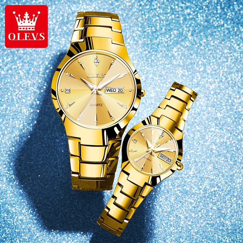 Новинка, роскошные золотые кварцевые часы OLEVS из вольфрамовой стали для мужчин и женщин, модные часы для влюбленных, женские наручные часы