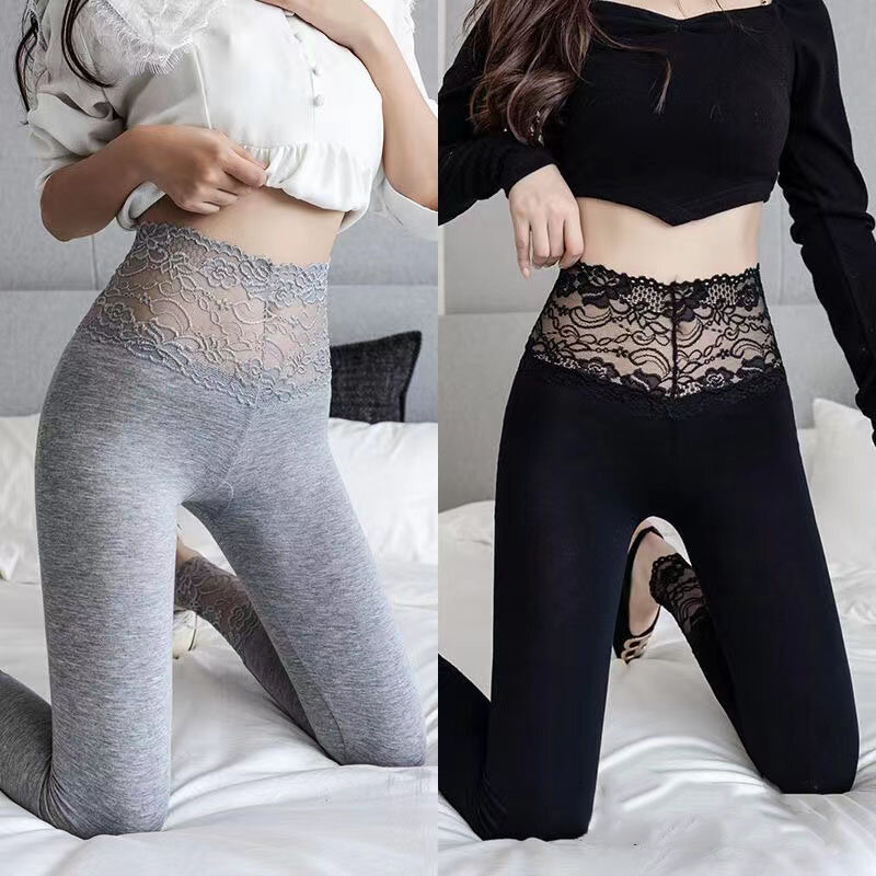 Mallas sexys de algodón de Modal para mujer, Leggings de retazos de encaje fino, transpirables, elásticos, pantalones cómodos de entrenamiento