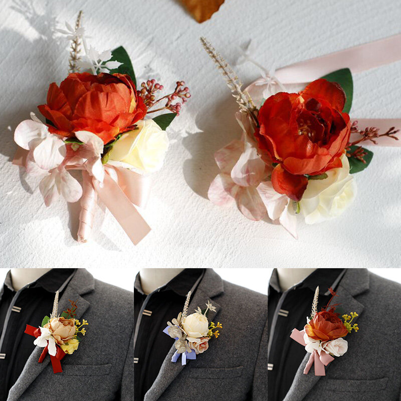 Bros bunga korsase pernikahan pria, Aksesori pernikahan pengiring pengantin laki-laki putih mawar sutra