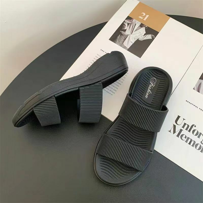 New Women's Summer One Word Wedges Slippers Free Shipping Thick Sole Non Slip Home Slippers Outdoor Beach Slippers Sandals