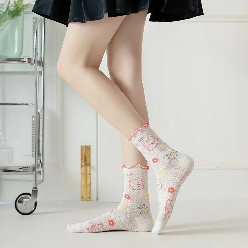 Милые женские носки на весну и лето, тонкие сетчатые дышащие хлопковые носки средней длины, милые Мультяшные носки