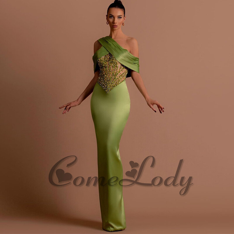 Comelody Advanced Prom Dresses for Women Saudi Arabric One Sleeve Satin Illusion Straight Pleat Formal Gown Plus Custom Made