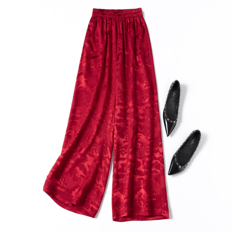2024 Women's Summer New 30MM 50% Natural Mulberry Silk GuanLe Satin Relief Pocket Design Red Fashion Wide Leg Pants