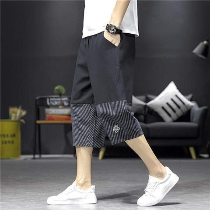 Trendy Summer Slim Striped Patchwork Men's Elastic Waist Pockets Drawstring Shorts Fashion Casual Loose Calf Length Pants