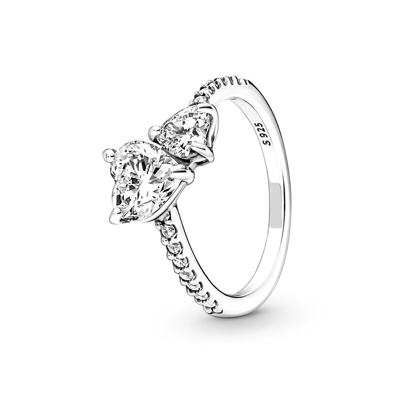 Cincin perak 925 berkilau baru, cincin soliter mahkota cincin hati ganda untuk wanita cincin pertunangan perhiasan hadiah Hari Jadi