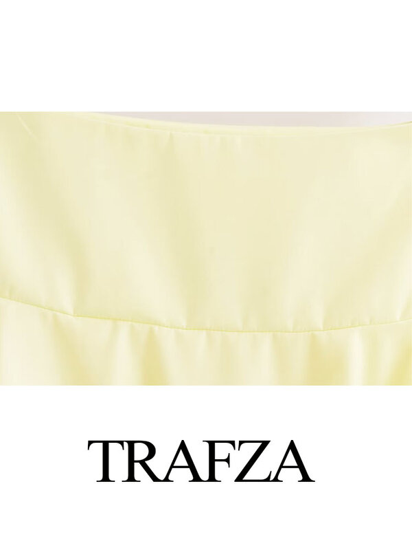 TRAFZA Summer Fashion Mini Skirts Woman Trendy Yellow High Waist Pleated Decorate Zipper Female High Street Short Skirts