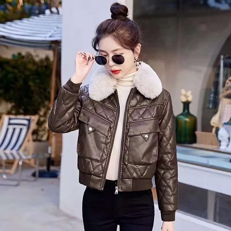 Aggiungi giacca in pelle PU imbottita in velluto da donna autunno inverno nuova giacca corta in cotone da donna cappotto da moto di alta qualità alla moda