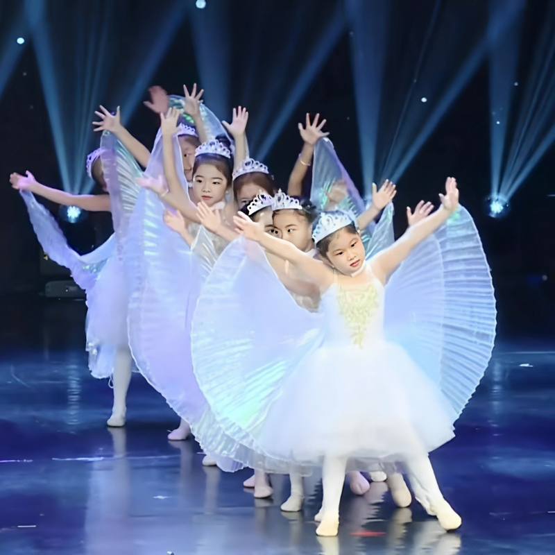 Kostum dansa anak-anak, kostum pertunjukan balet Danau angsa baru dengan sayap dan mahkota