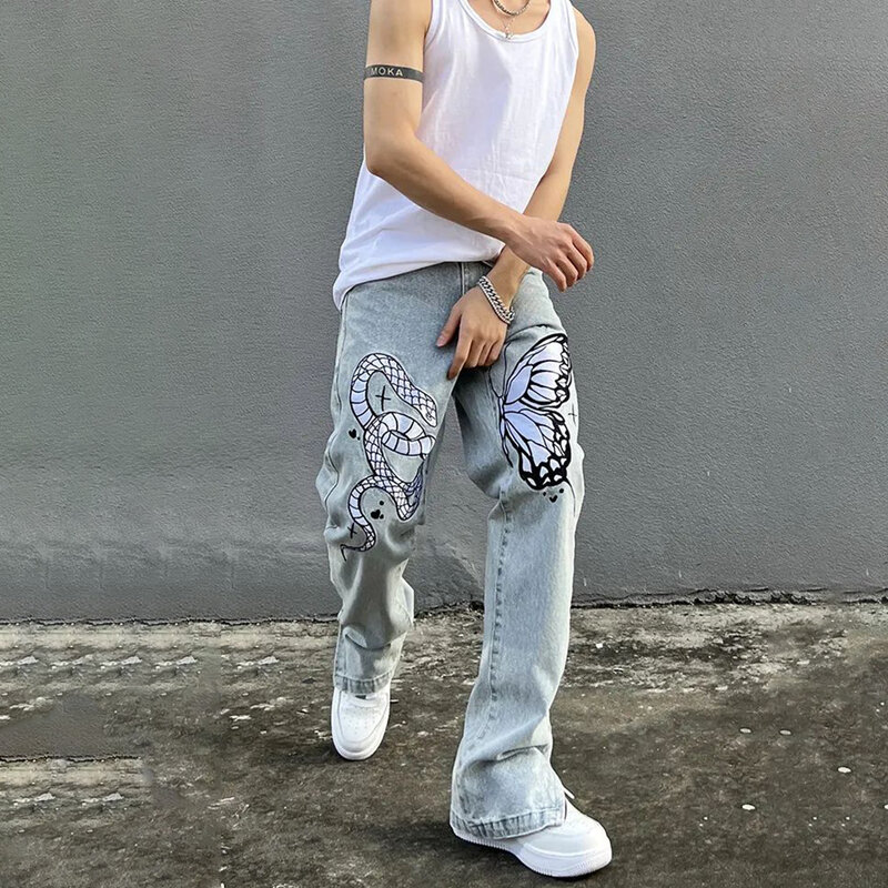 Jeans de luxe pour hommes et femmes, hip hop Y2K, broderie serpent papillon fermeture éclair, personnalité de rue
