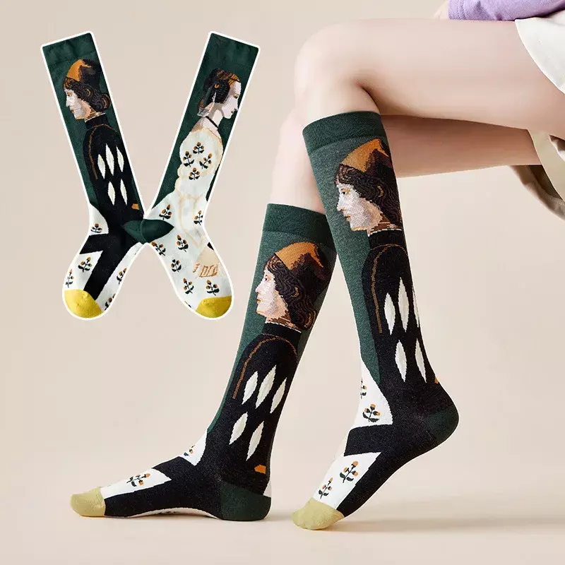 Носки до середины икры средней и высокой длины, хлопковые в литературном стиле, с абстрактным изображением, в стиле ретро, французского Instagram