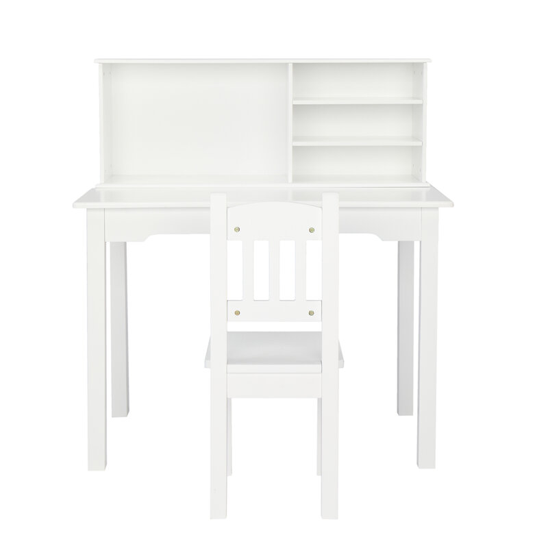 Student stół z krzesłami dzieci biurko szkolne biały malowane W/5-warstwowy wielofunkcyjny regał 80x50x88.5CM[US-Stock]