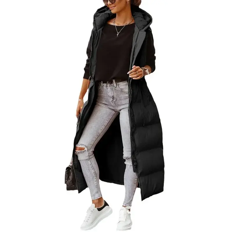 New Arrivals Women's Casual Sleeveless Hooded Pocket Vest Coat Women's Fashion Solid Cardigan Zipper Long Parkas Winter Parkas