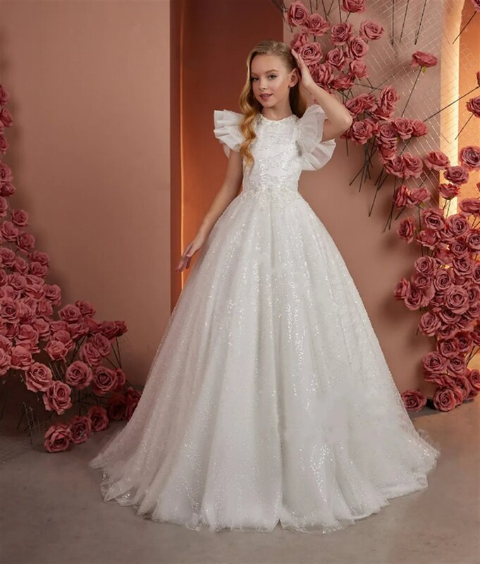 Flower Girl Dress White Fluffy Tulle Lace Sparkle Wedding elegante Flower children's First eucaristic Birthday Party Dress