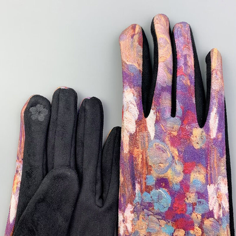 Kreatif Van Gogh sarung tangan lukisan minyak bersepeda musim dingin berkendara tebal Wanita Mode Cetak penuh jari layar sentuh sarung tangan hangat