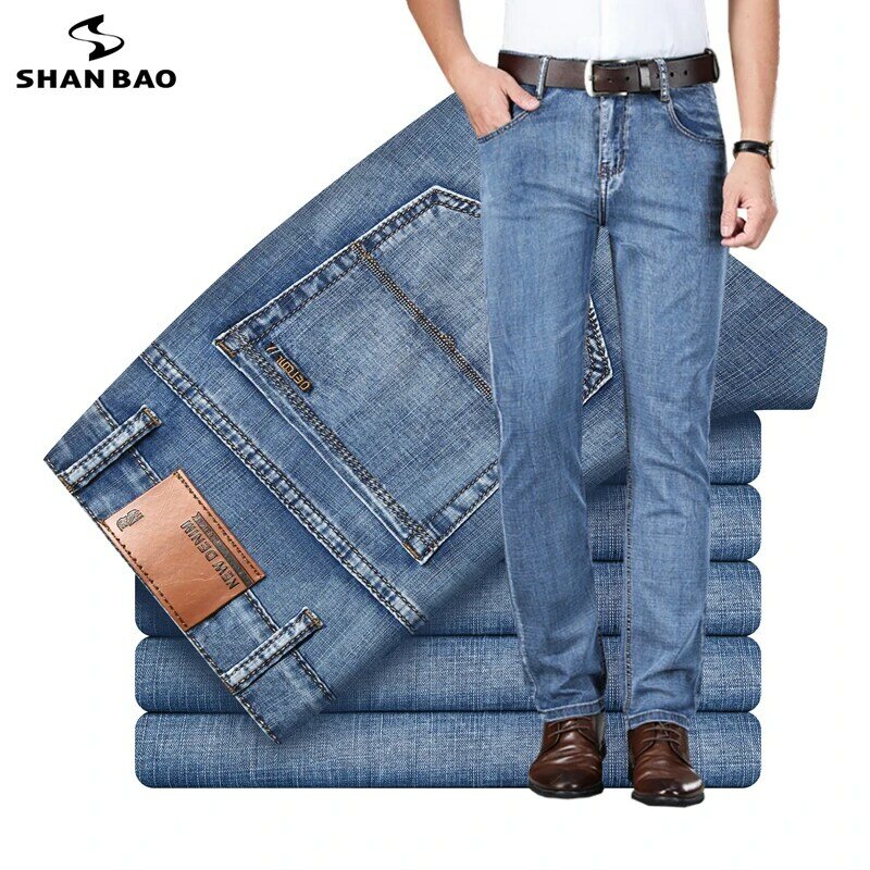 Shan Bao 2022 Lente/Zomer Merk Lichtgewicht Stretch Fit Straight Denim Jeans Business Casual Mannen Hoge Taille Dunne jeans