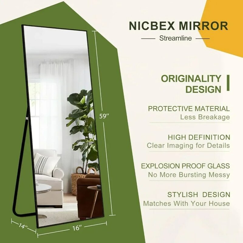 Full Length Mirror, 59x16 Inch Aluminum Alloy Frame Large Wall,Vanity , Bedroom,Dressing Mirror, Living Room Mirrors,Black
