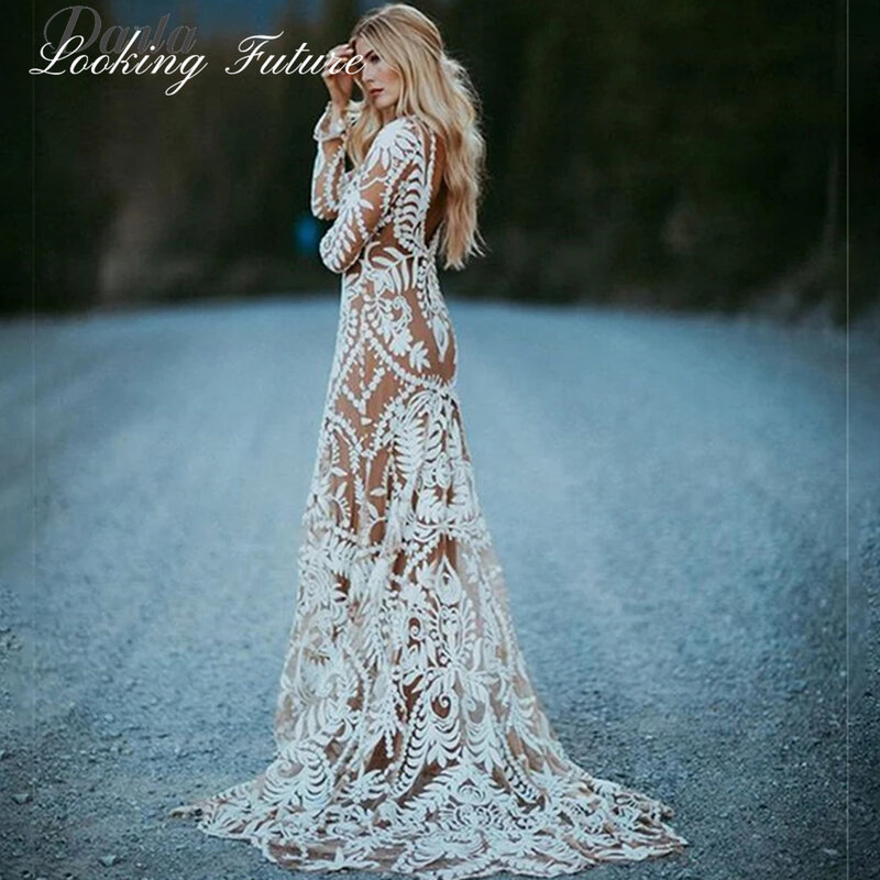 取り外し可能なコート刺embroidery付きのウェディングドレス,長袖,Vネック,花嫁のためのモーデンレースパターン,白,2024