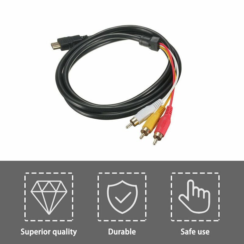 Kabel adaptor berlapis emas, konektor berlapis emas 5 kaki 1.5M 1080P HDTV kompatibel HDMI Male To 3 RCA Audio Video AV