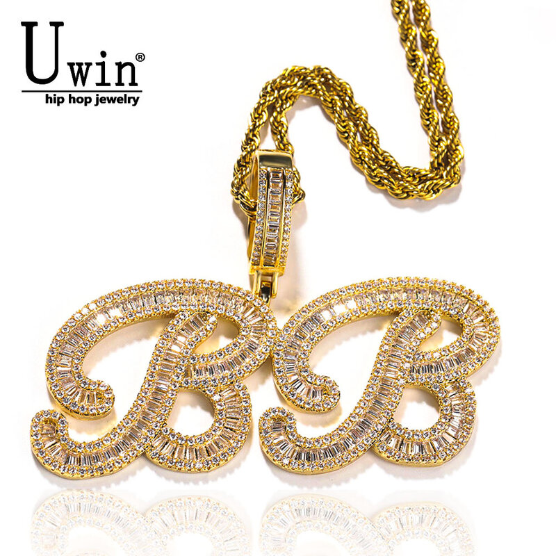 UWIN-Collar personalizado con nombre de Baguette de circonia cúbica, cadena de rapero con pincel y letras, joyería de Hip Hop
