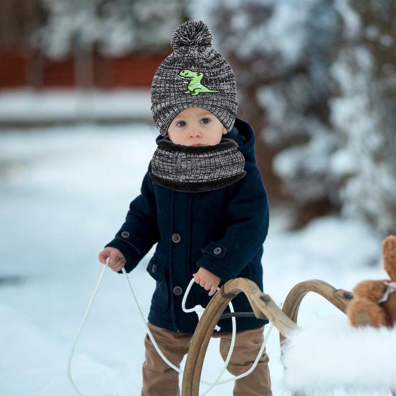 Syal topi musim dingin, syal dengan sarung tangan rajut musim dingin dengan cetakan dinosaurus lucu, syal leher untuk anak laki-laki dan perempuan 2-8 musim dingin
