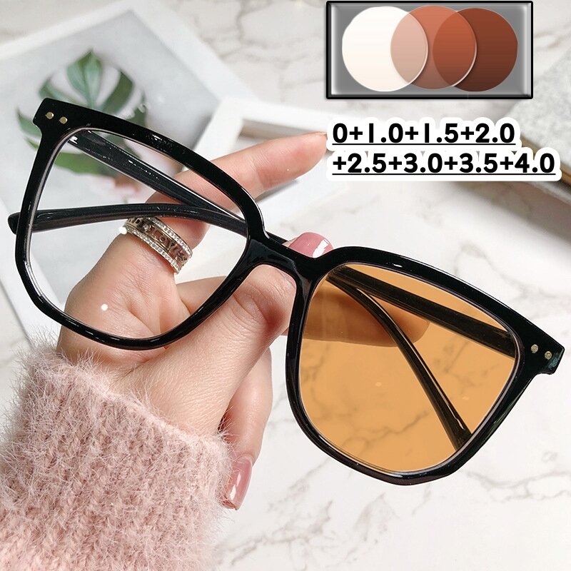 Kacamata membaca photoromik pintar untuk pria dan wanita, kacamata Ultralight presbiopia uniseks, kacamata berubah warna Vintage 0 + 1.0 + 4.0