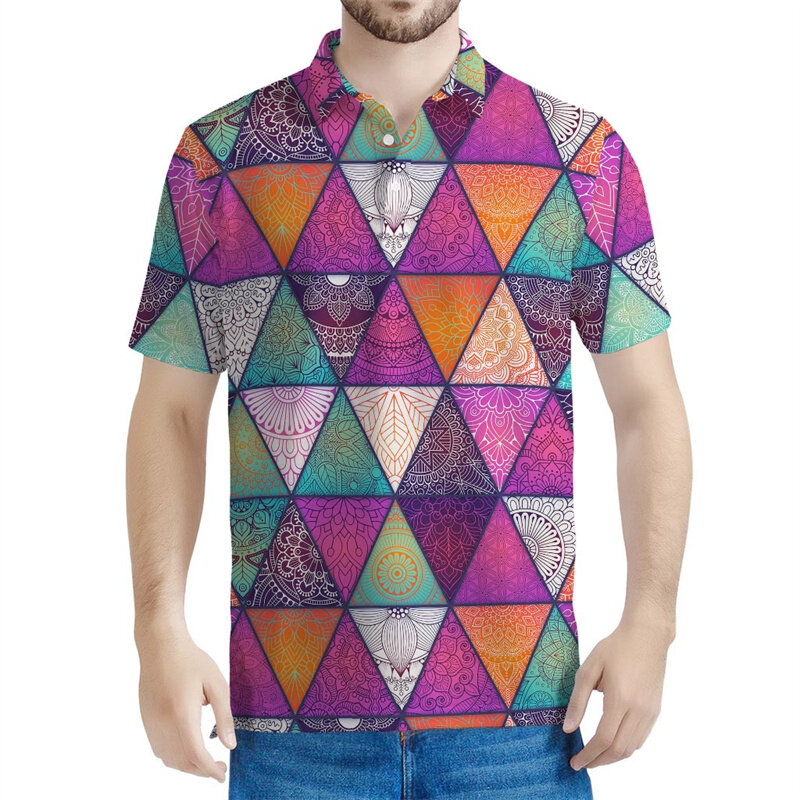 Kaus Polo geometris motif segitiga 3D warna-warni untuk Pria Atasan kasual lengan pendek kebesaran Wanita kaus Lapel jalanan