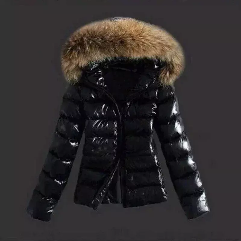 Casaco curto acolchoado de gola de pele sintética feminino, casaco de zíper feminino grosso, com capuz não removível, acolchoado quente, casual, fino, moda inverno