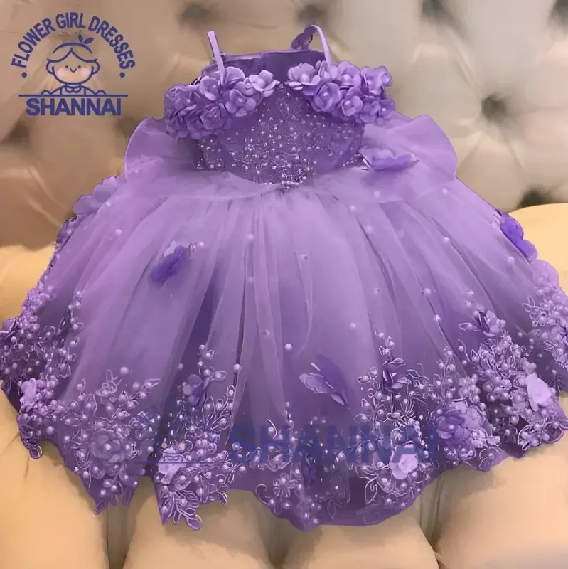 Niestandardowa sukienka dziewczynka przyjęcie urodzinowe z odkrytymi ramionami perły koronkowe motyle niemowlę pierwsza komunia suknia kwiatowa sukienki dla dziewczynek