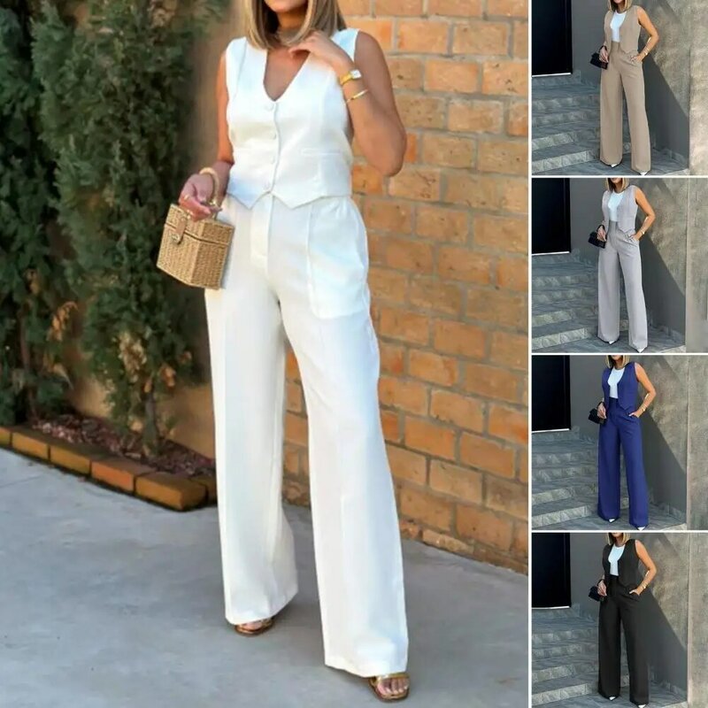 Women Wide Leg Pants With Sleeveless Vest Solid Color High Waist Elegant Lady Baggy Pants Set Casual Streetwear