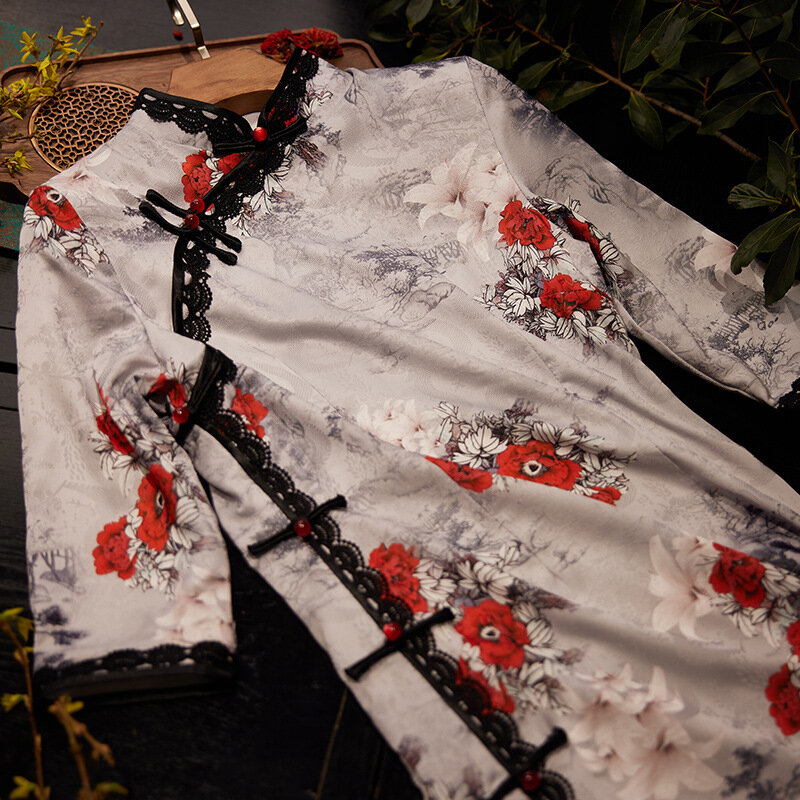 Gaun kasual gaya Tiongkok Qipao Traditioanl bunga cetak seksi Cheongsam kerah Mandarin wanita