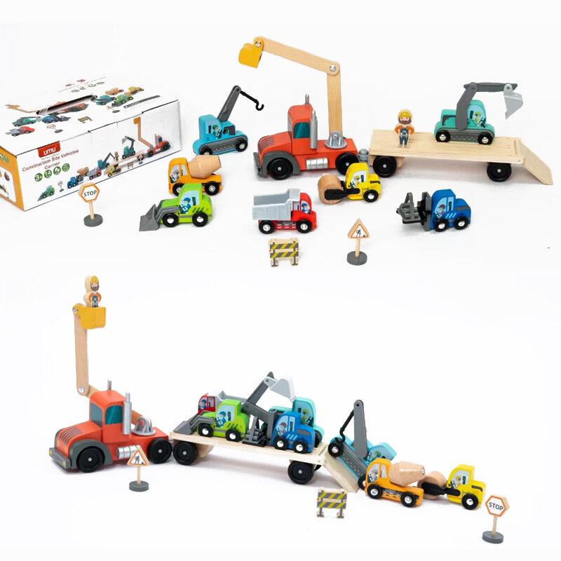 Cantiere veicoli Carrier ragazzi ingegneria modello di auto scavo terra rullo sollevamento camion Building Blocks giocattoli in legno