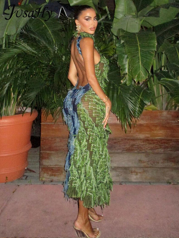 JusaHy-Vestido largo con espalda descubierta para mujer, traje elegante de retales con cuello Halter, color verde, con cordones, estilo años 2000, elegante, para vacaciones, 2023