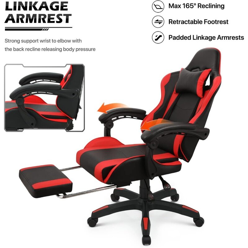 Gamingowe krzesło gra wideo z wysokim oparciem krzesło z podnóżkiem z zagłówkiem i obrotem stabilizator lędźwiowy