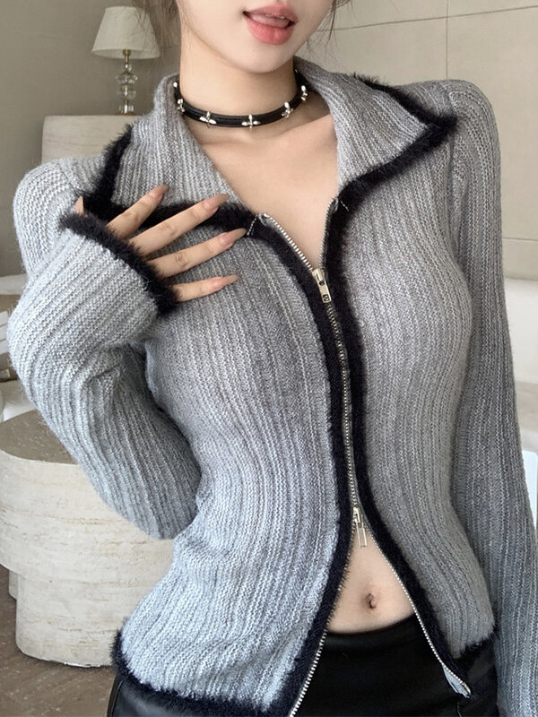 Женский винтажный кардиган на молнии, трикотажный свитер в стиле панк с длинным рукавом, Y2K