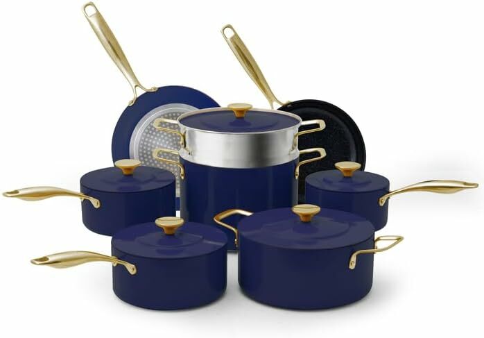 Set di pentole Duralon Blue Luxury Edition da 13 pezzi, rivestimento in ceramica antiaderente infuso di diamante sano, manici aderenti